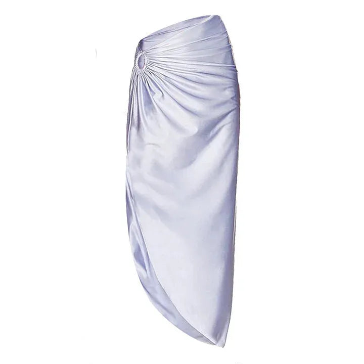 Purple one-piece swimsuit with hollow design and matching wrap skirt on white background