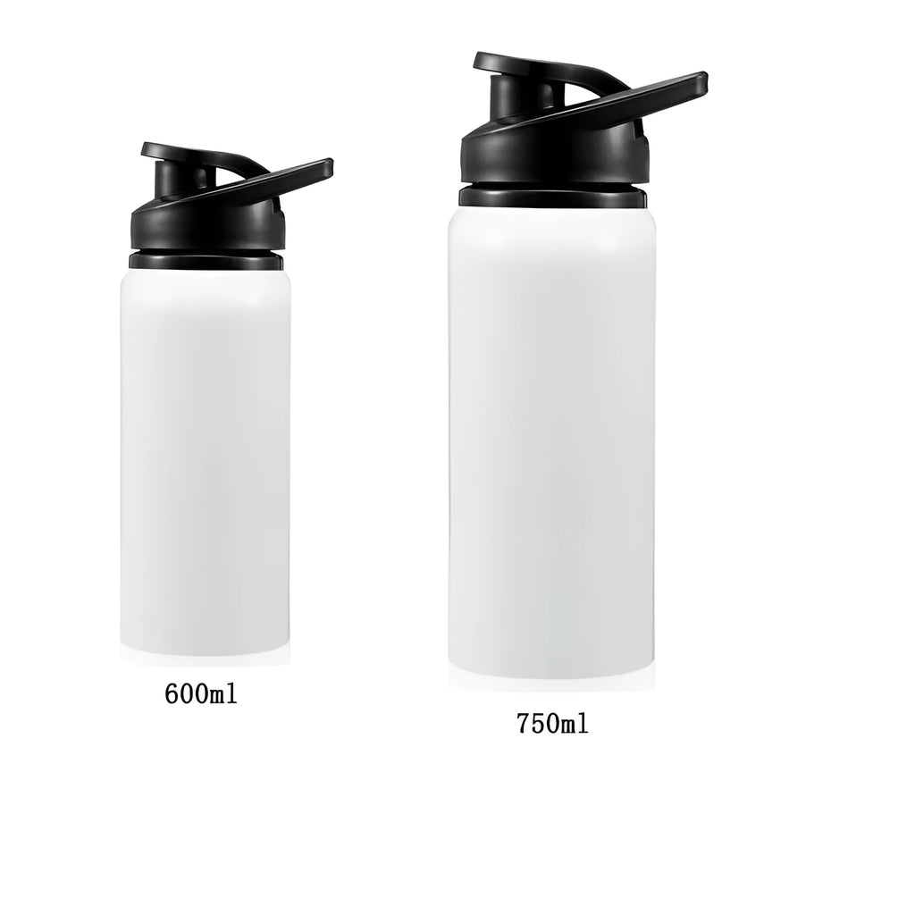 White aluminium sports water bottle for cycling in 600ml and 750ml sizes.