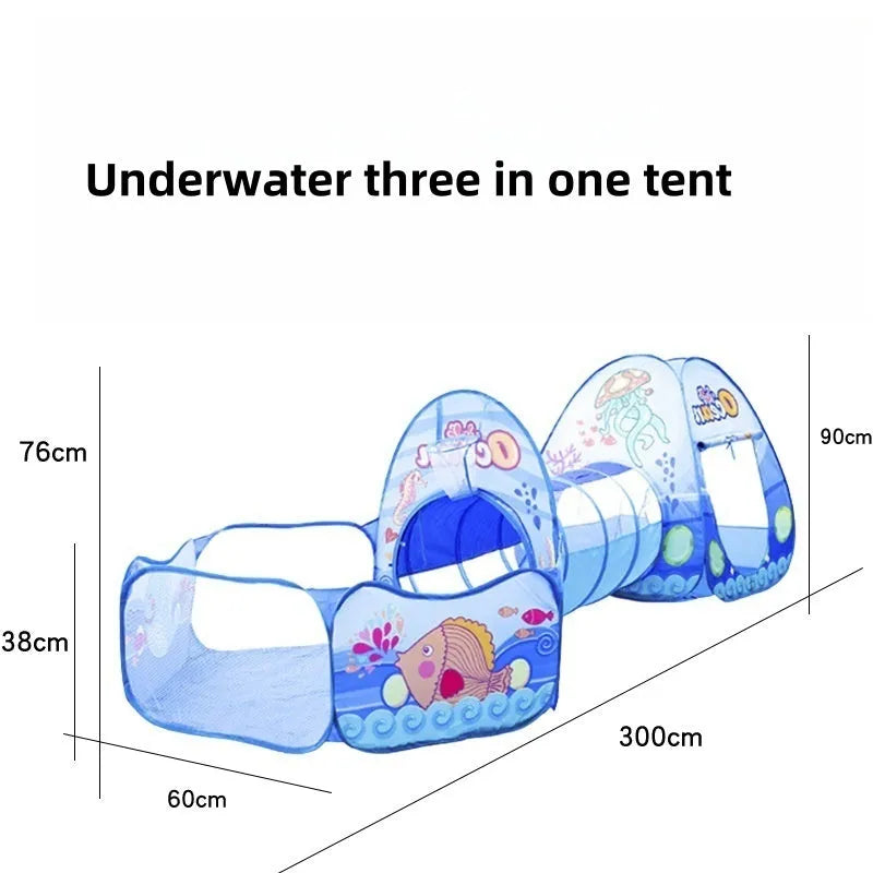 Marine cartoon themed three-in-one children's play tent set with ball pool and tunnel