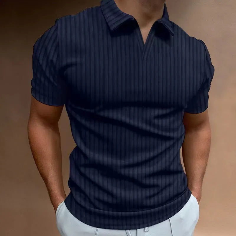 Men's striped V-neck polo shirt in cotton blend fabric for summer sports wear