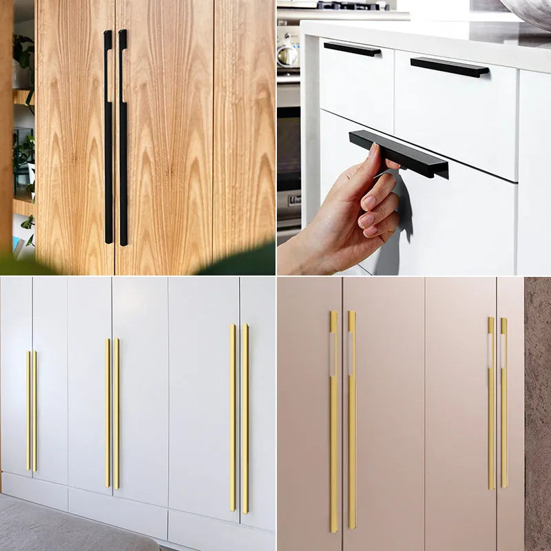 Gold aluminium alloy single-hole T-shape cabinet drawer handle on white background.