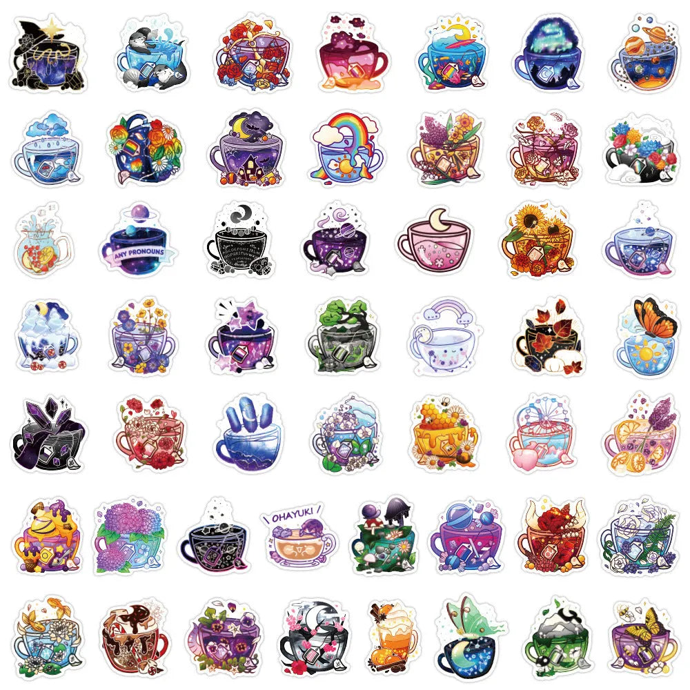Colourful tea cup graffiti design waterproof stickers in a pack of 50 for scooter and luggage customisation.
