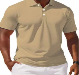 Men's solid colour slim fit short sleeve casual shirt with button front on a hanger.