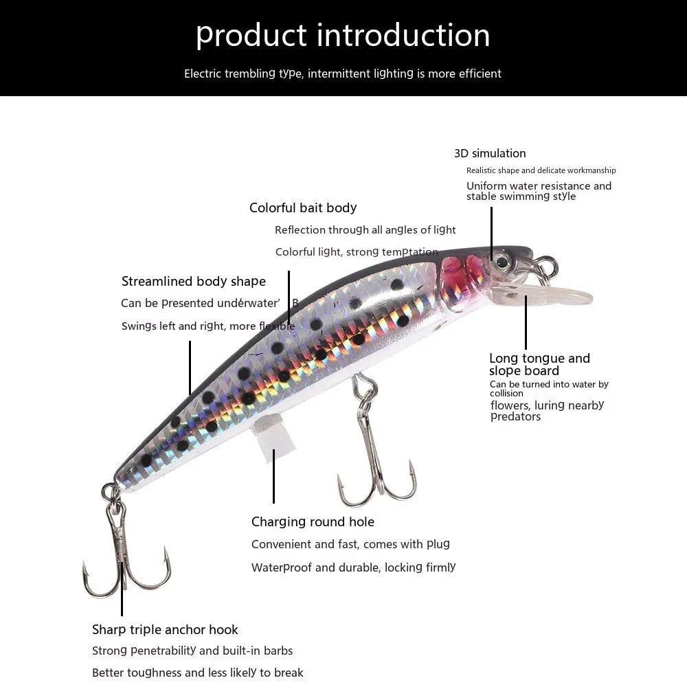 Floating electric USB fishing bait lamp with colourful lights and included USB charging cable.