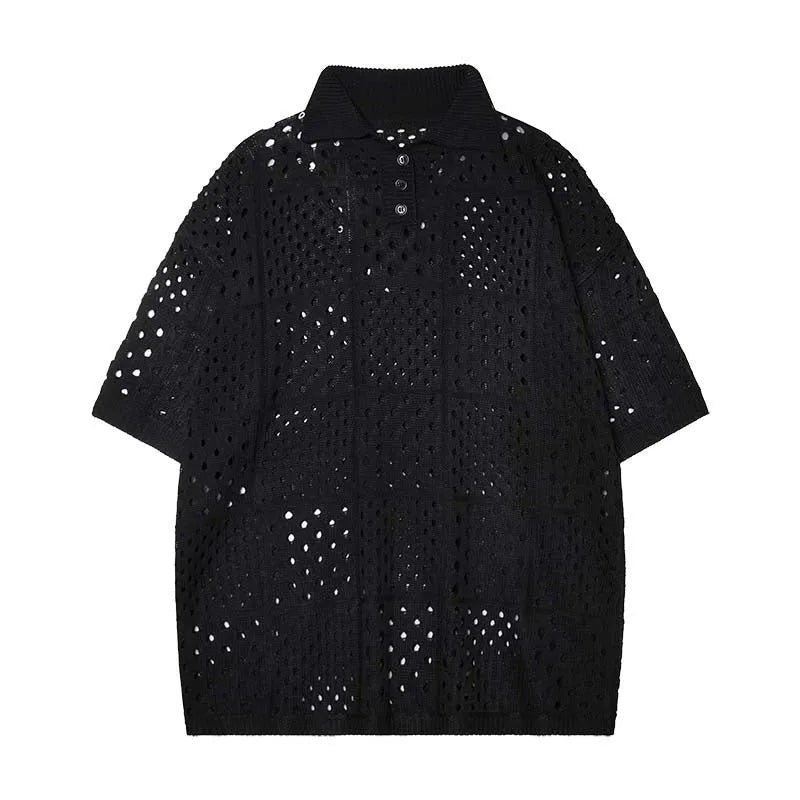 Short-sleeved polo shirt with hollow knit design in black colour showing loose fit