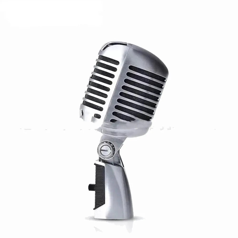 Silver retro dynamic microphone with all-metal body and heart-shaped polar pattern for stage and video use