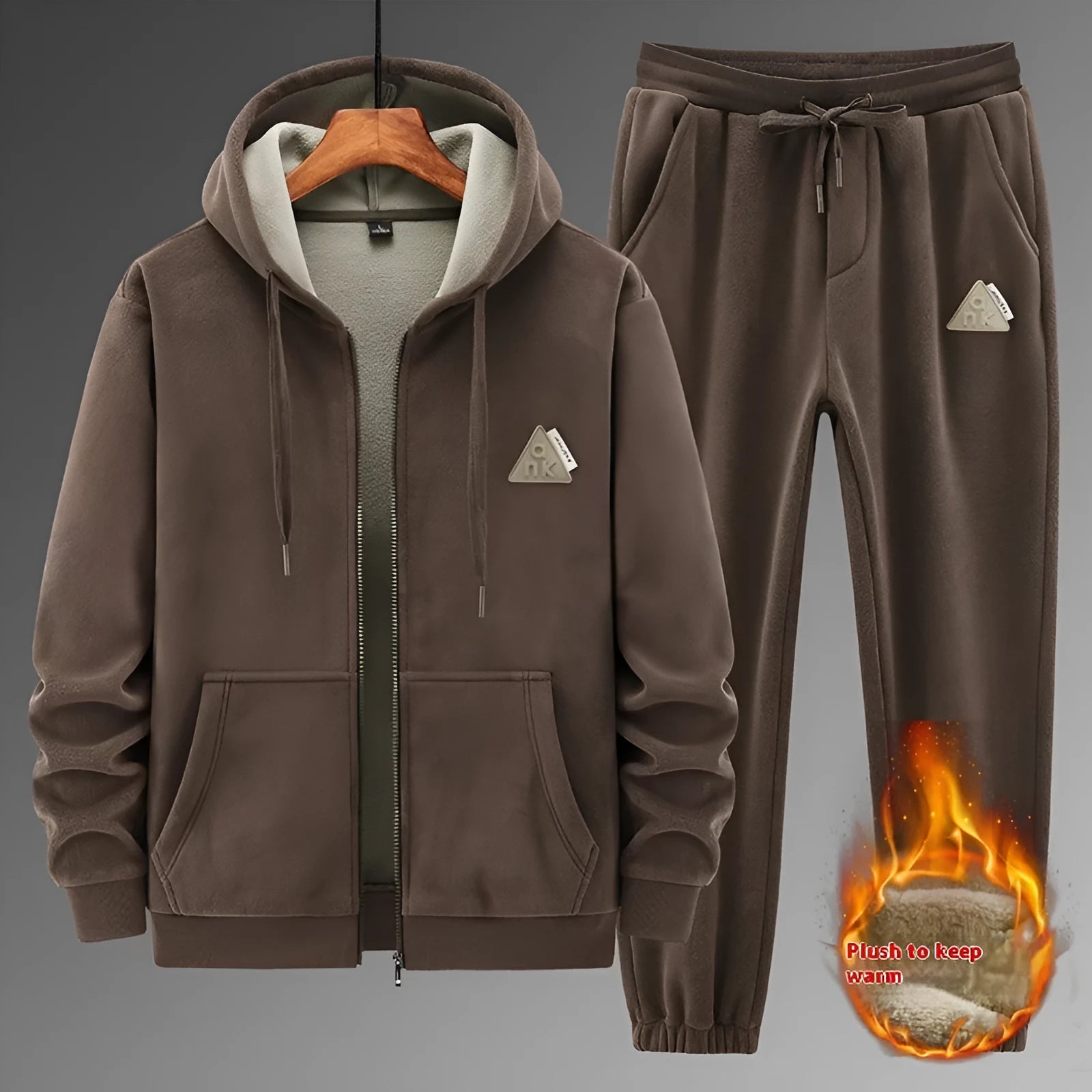 Casual sports suit with hooded sweater and trousers in grey, black, or brown