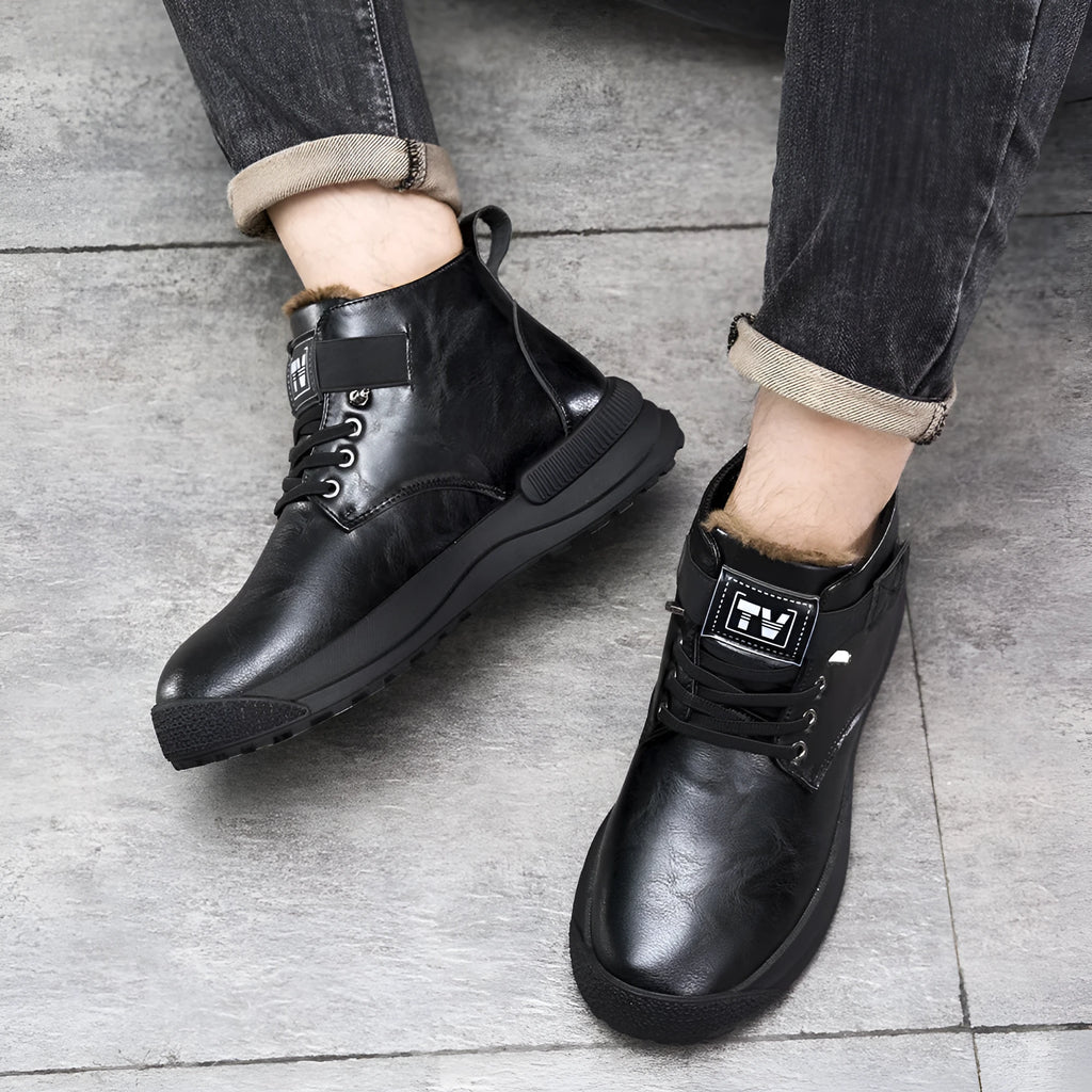 Black and brown high-top platform Martin boots for men with artificial PU uppers and visible stitching detail