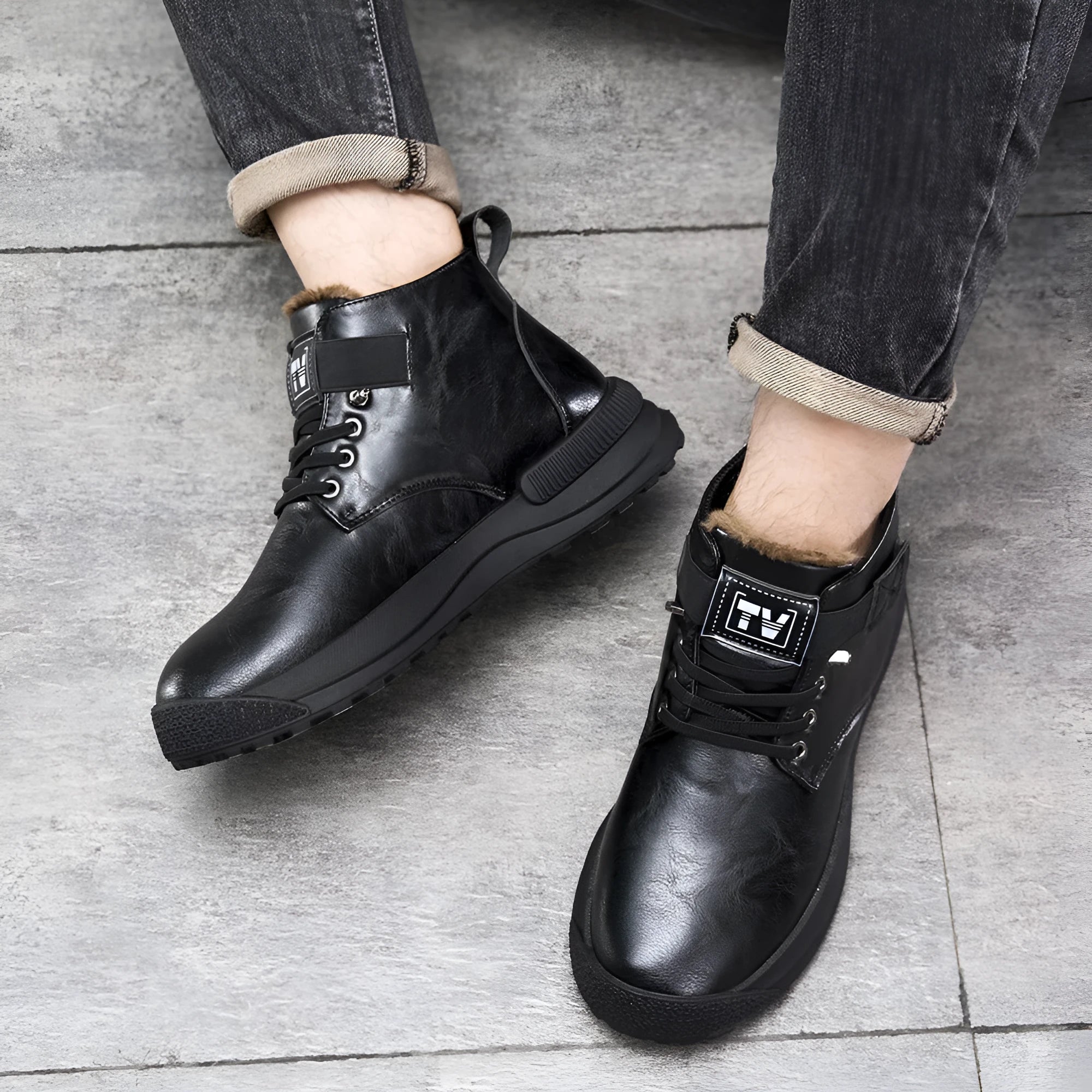 Black and brown high-top platform Martin boots for men with artificial PU uppers and visible stitching detail