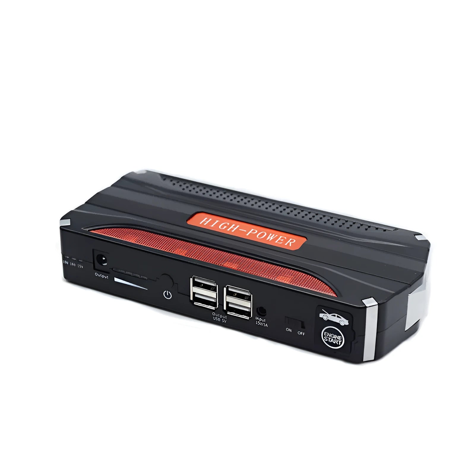 Black and red 12V vehicle emergency starting power supply measuring 178mm with 7800mAh capacity
