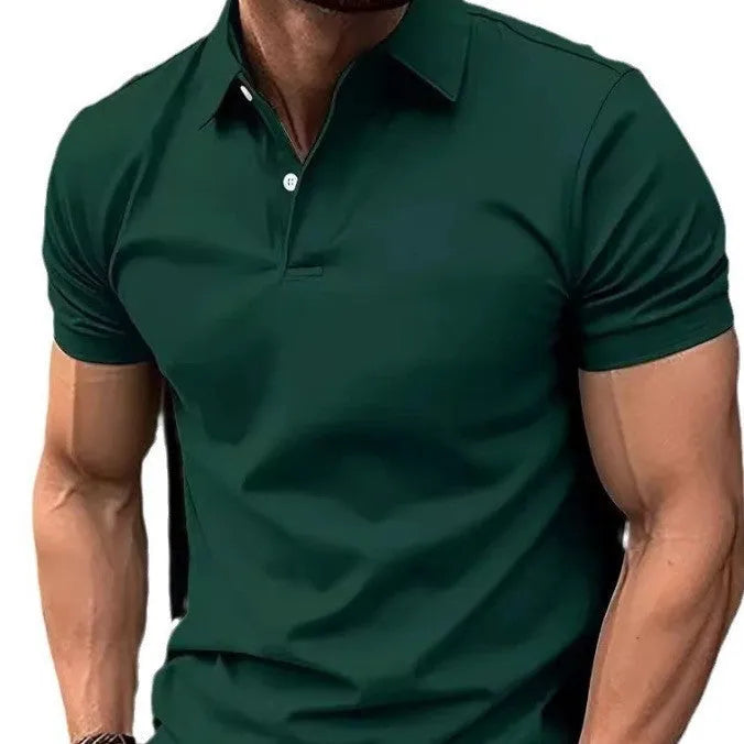 Men's solid colour slim fit short sleeve casual shirt with button front on a hanger.