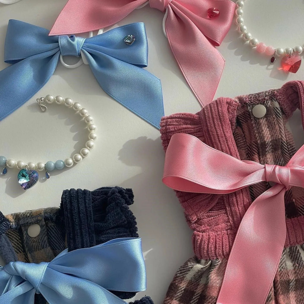 Princess style dog hair band with adjustable bow on jacquard woven polyester cotton ribbon