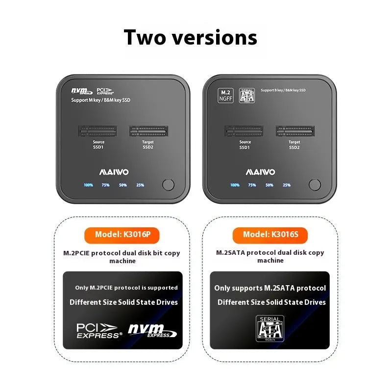MAIWO K3016 M.2 solid state drive cloning dock with cables and power adapter on a desk