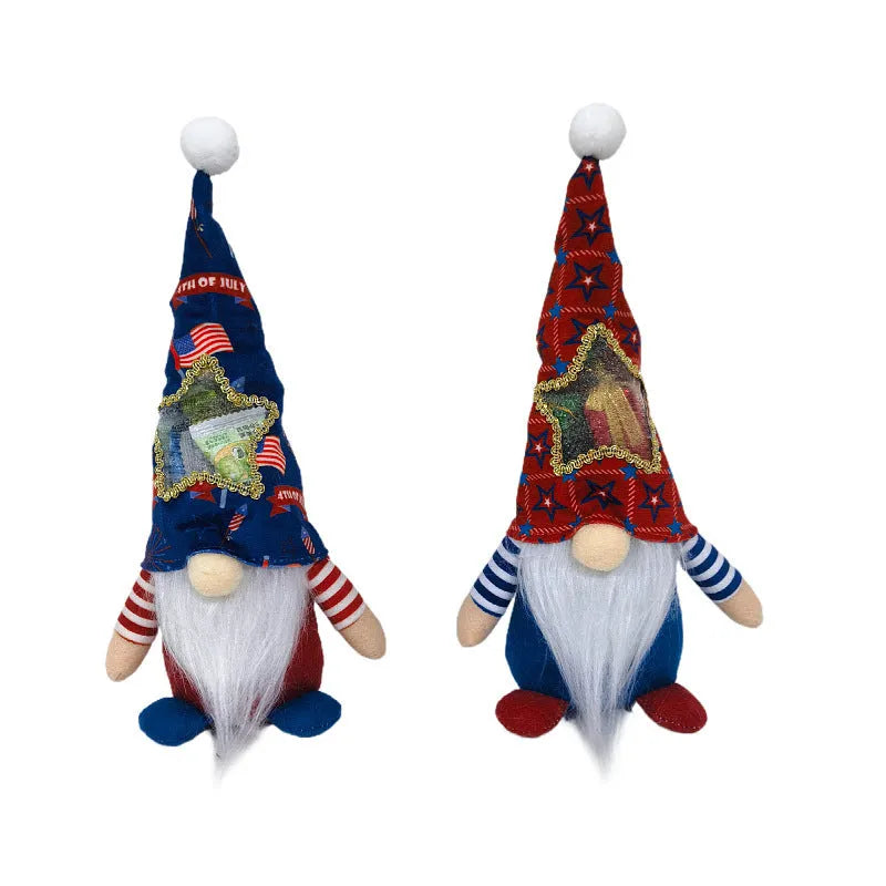 Two cloth Rudolf faceless baby doll Christmas ornaments with candy bag design