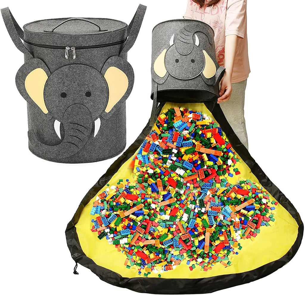 Green felt cube storage bag with pull rope serving as toy organiser and play mat