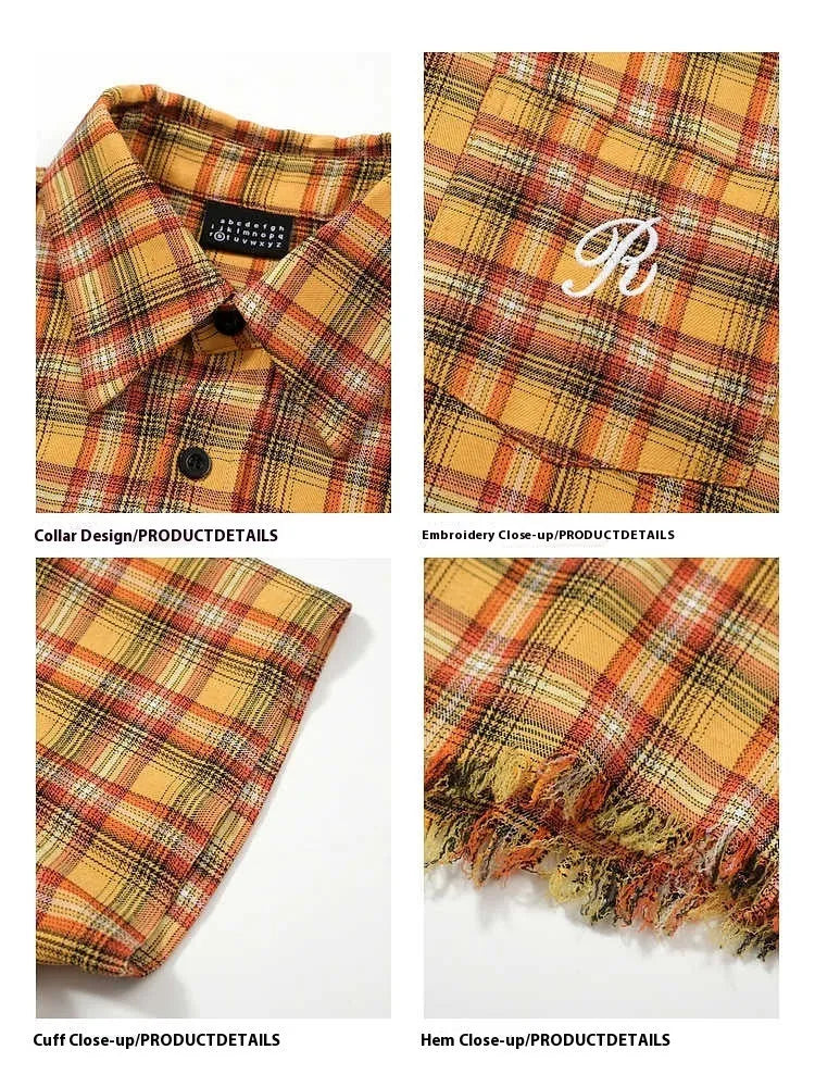 Yellow grid pattern short sleeve plaid shirt with embroidery pocket detail in loose fit