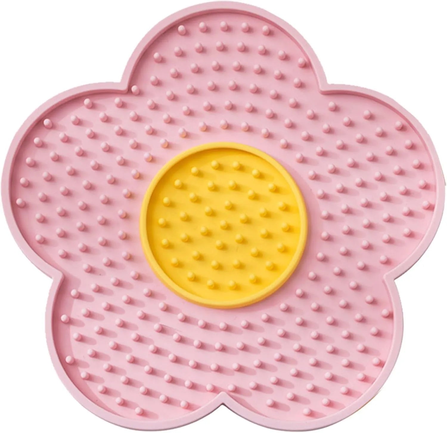 Flower-shaped silicone pet lick mat with suction cups in a choice of colours.