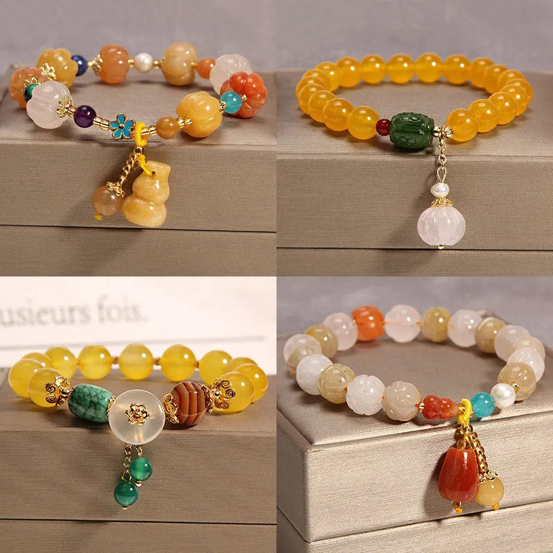Khaki yellow agate crystal women's bracelet on gold silk thread