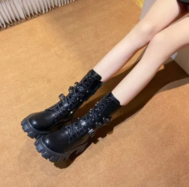 Women's black mid-calf knight boots with side zipper and metal buckle on artificial PU upper