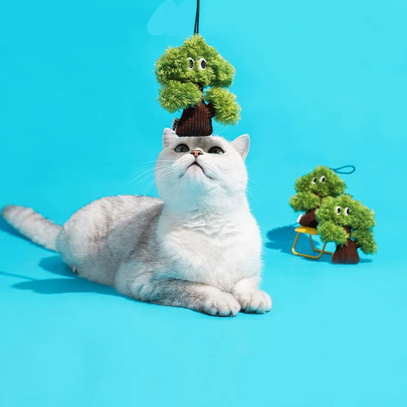 Pine tree shaped cat mint toy with hanging loop in three sizes for biting and grinding