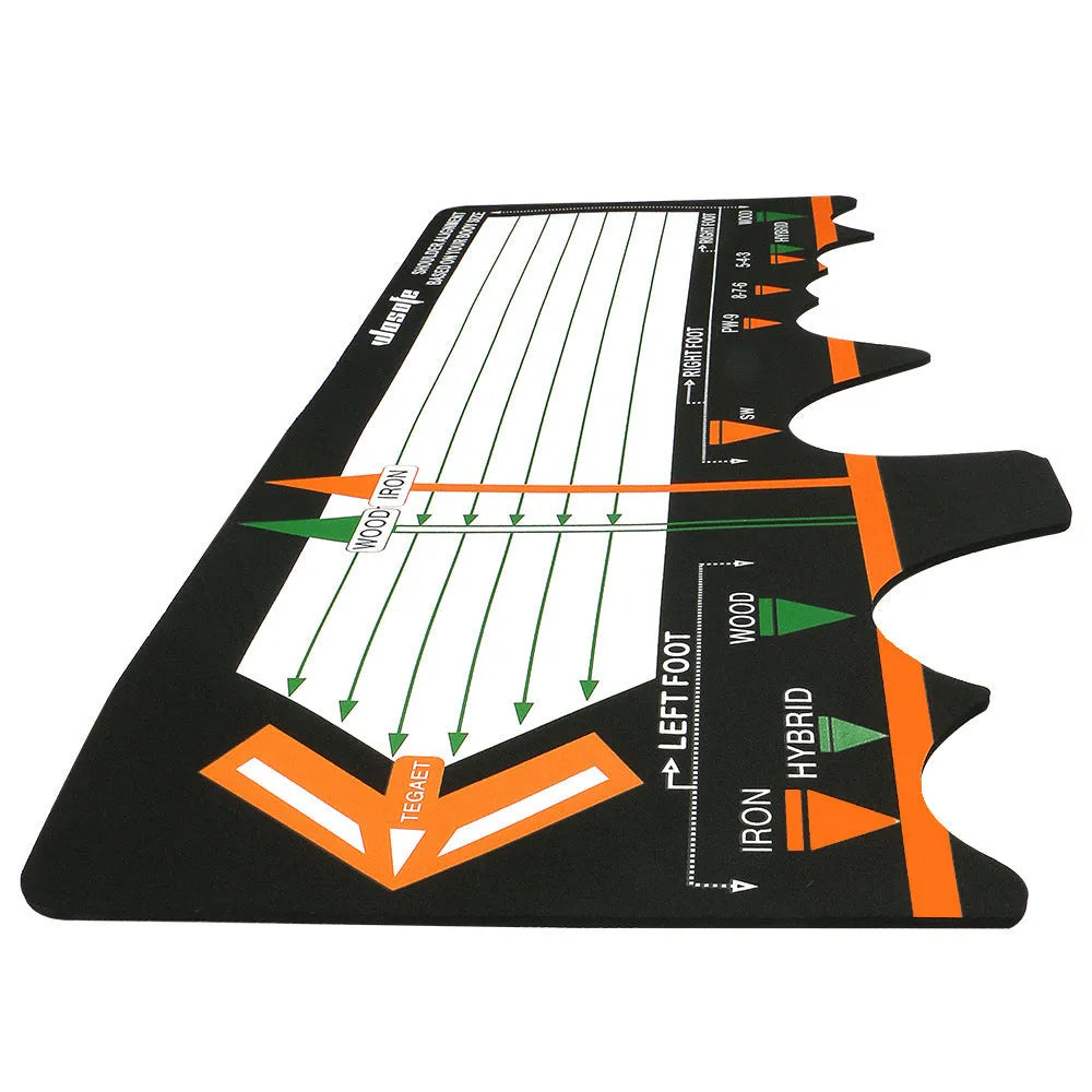 Black neoprene golf swing stance alignment pad with directional markings for training.