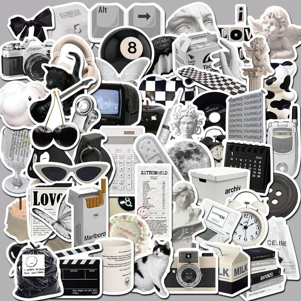 Black and white sticker set with 61 pieces, PVC waterproof material for laptops and cups