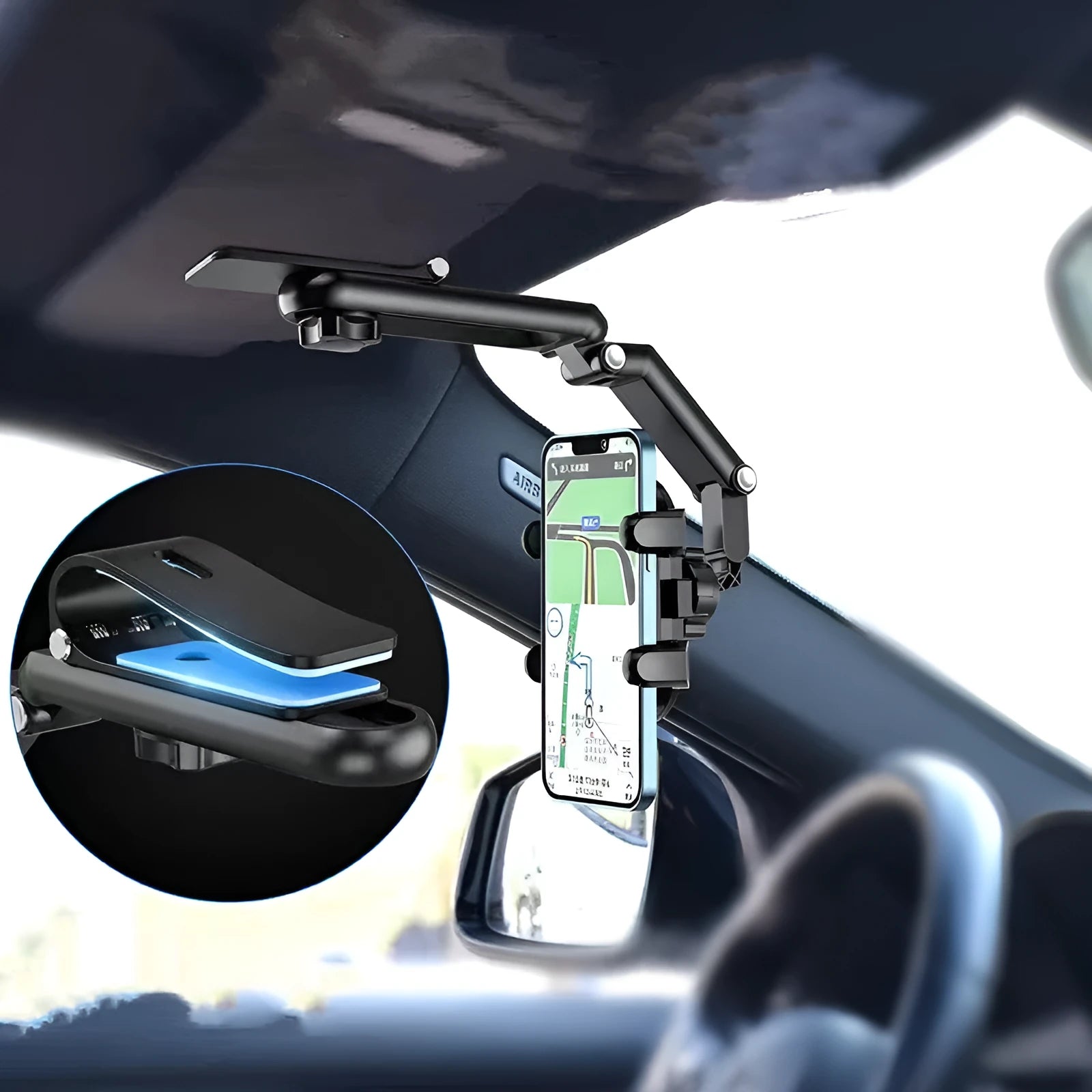 Car mount sun visor for rear seat passengers in black or green with buckle installation