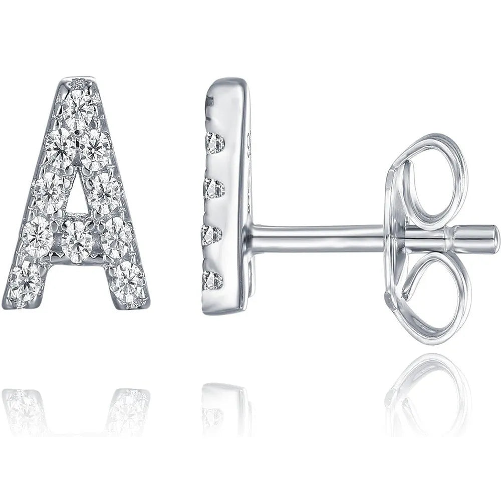 Brass gold plated alphabet letter earrings showing zircon stones on copper base with 26 English letters available