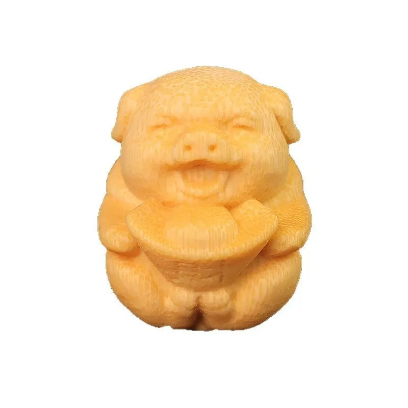 Fulu pig bamboo carving ornament measuring 4cm height with 3.5cm diameter in solid bamboo material