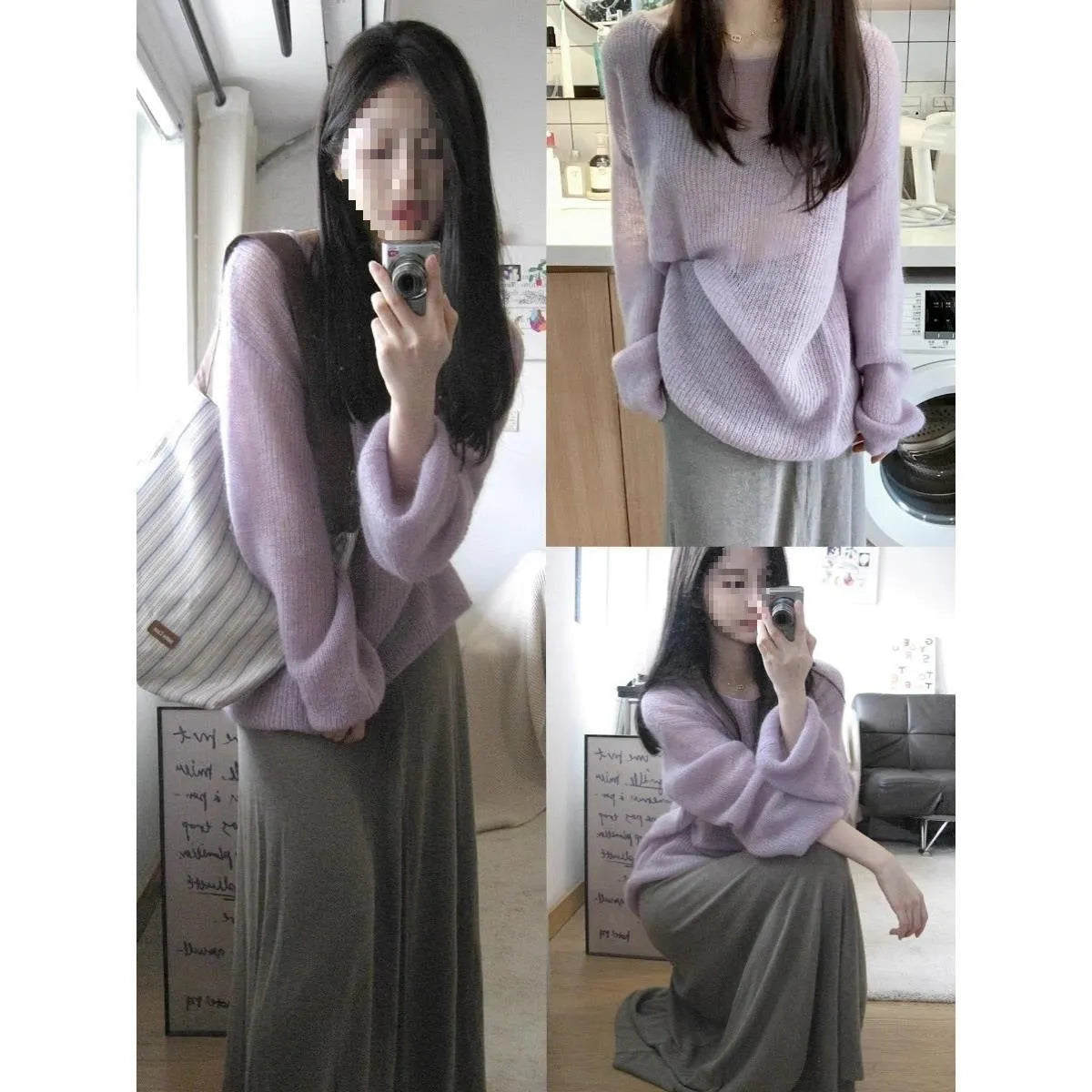 Purple women's blouse with hollow out detail and princess sleeves in lightweight ice silk fabric