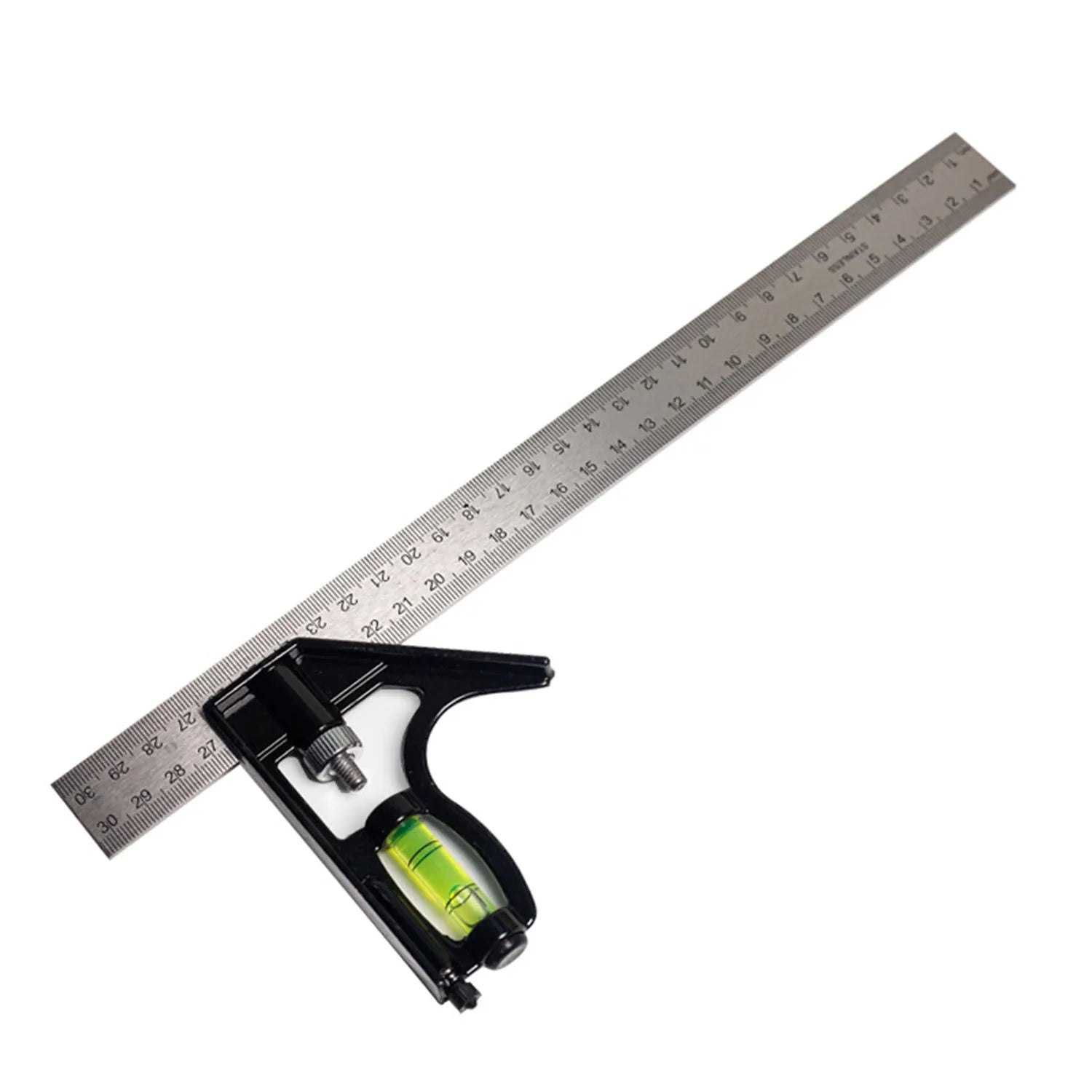 Two red metal combination angle rulers with metric markings in transparent storage bag for civil surveying