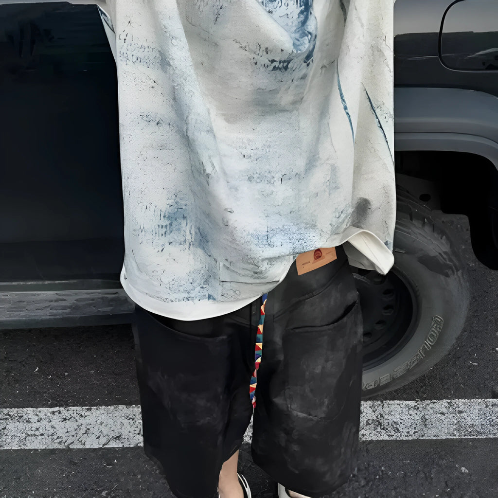 Korean loose fit t-shirt with full printing artwork showing tie-dye and dirty wash designs