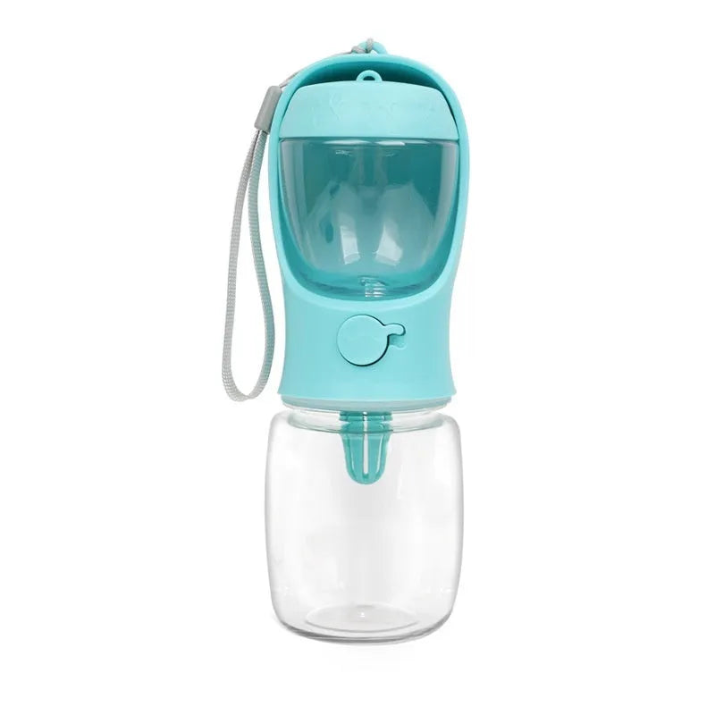 Blue portable plastic dog water cup with attached drinking bowl for outdoor use