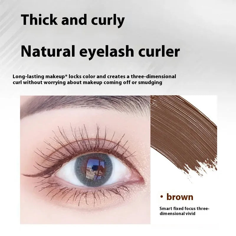 Waterproof steel tube mascara with black or brown shades and optional eyelash curler