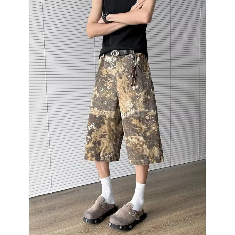 Yellow women's jeans with snake camouflage pattern and cropped length