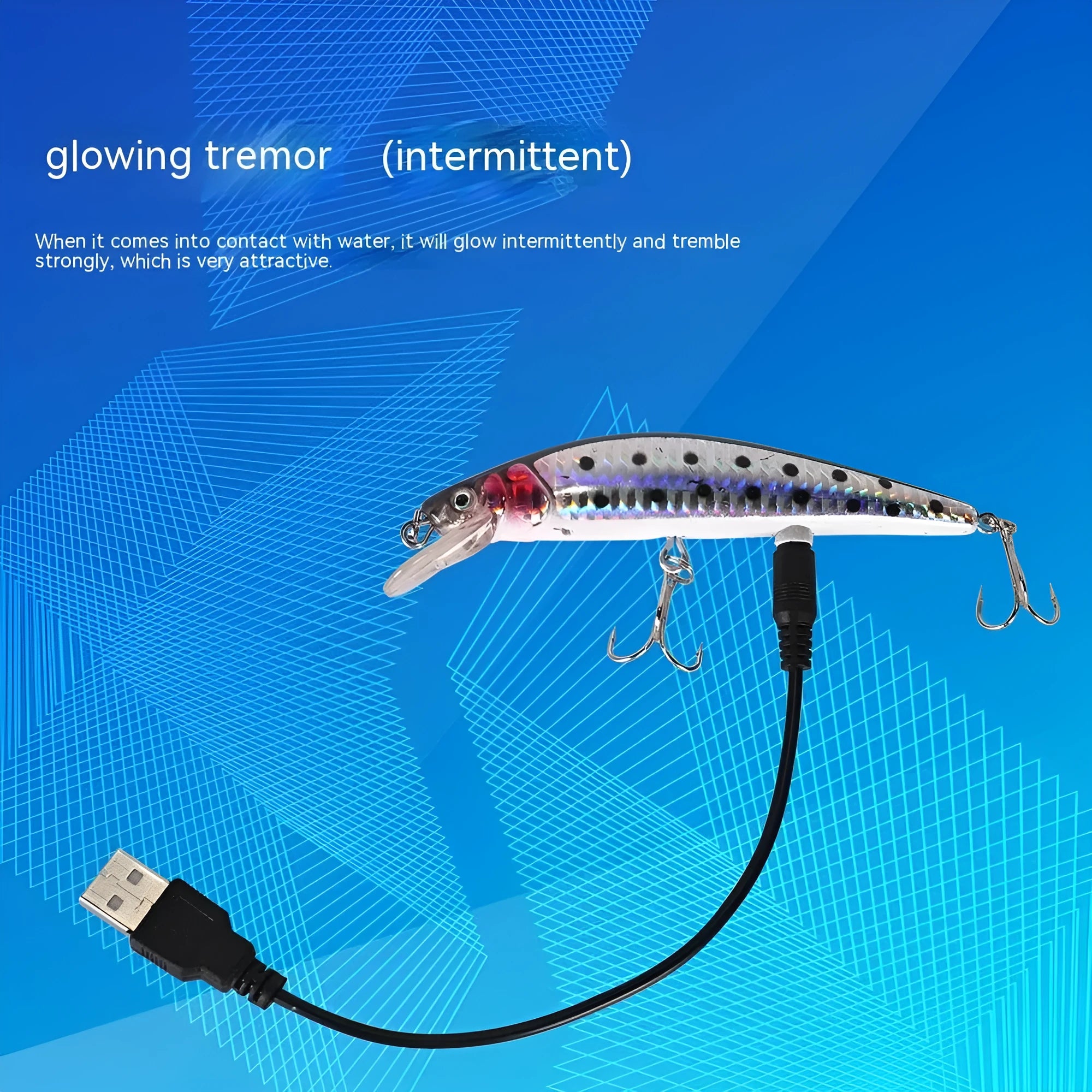 Floating electric USB fishing bait lamp with colourful lights and included USB charging cable.