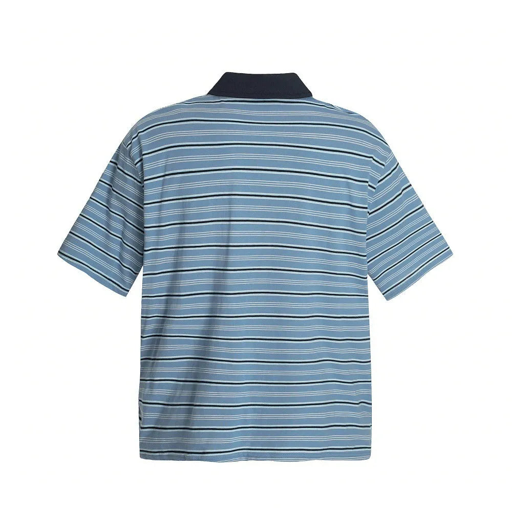 Vintage blue stripe short-sleeved polo shirt with loose fit on mannequin