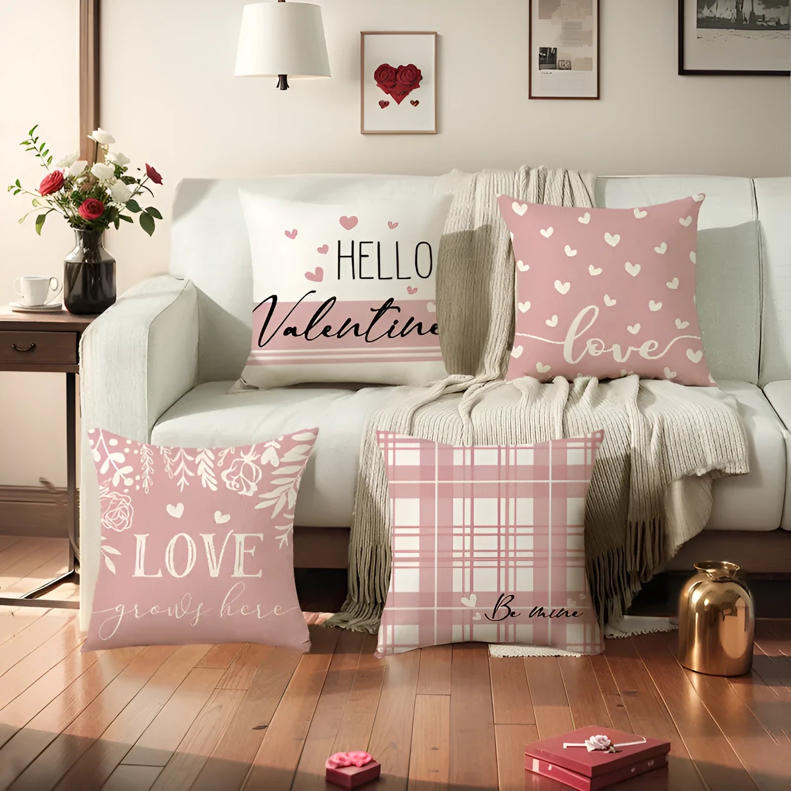 Square red and white plaid pillow cover with heart pattern for Valentine's Day decor