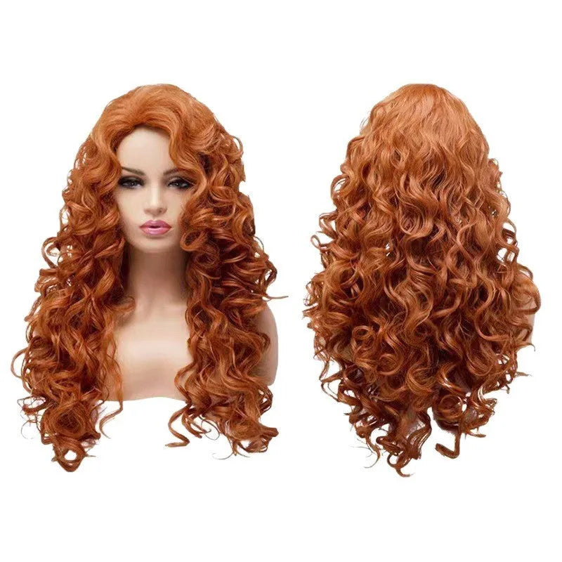 Brown long wavy curly synthetic wig with instant noodles fluffy texture for cosplay