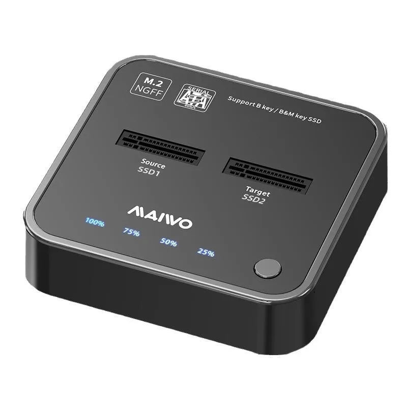 MAIWO K3016 M.2 solid state drive cloning dock with cables and power adapter on a desk