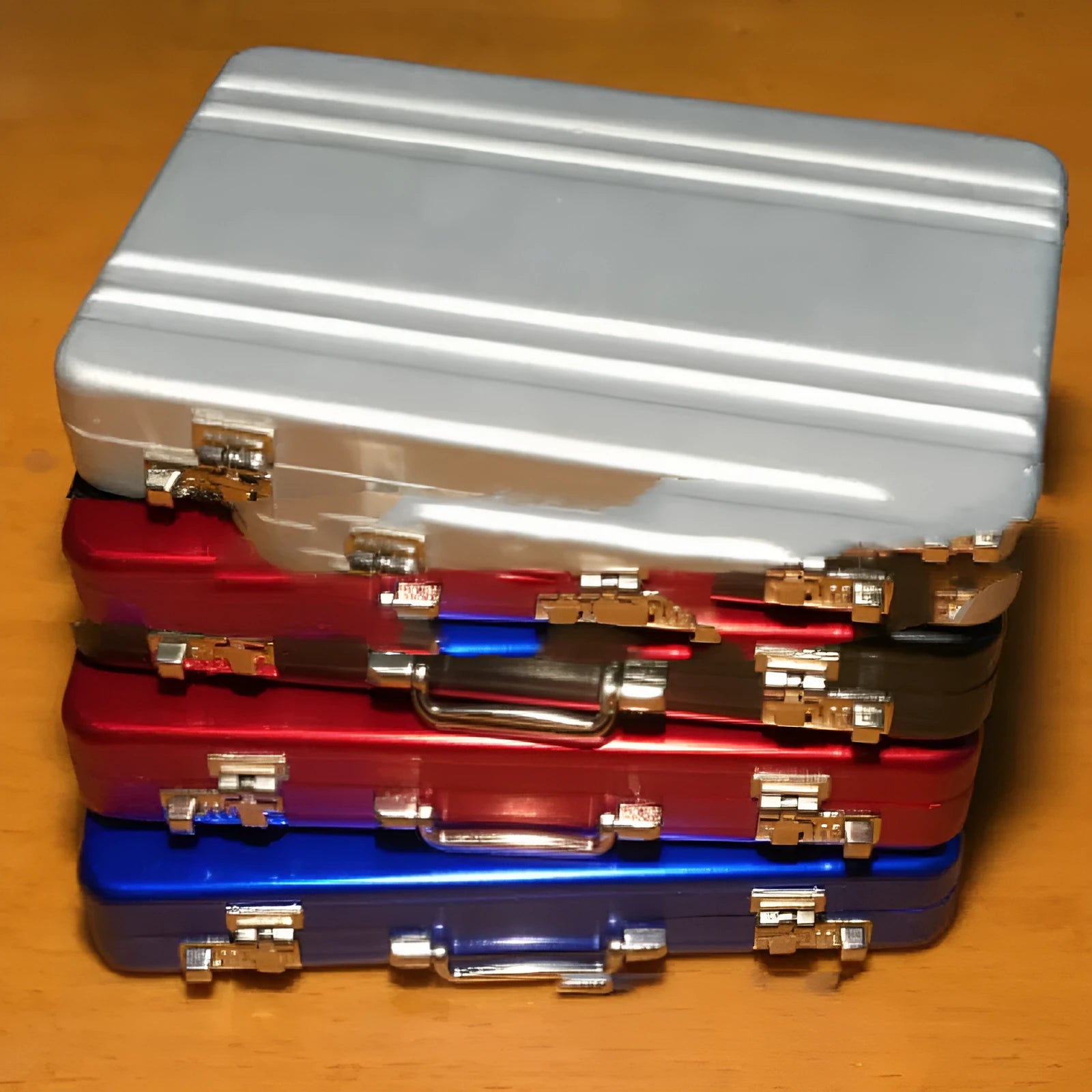 Aluminium alloy metal card holder in red, blue, black, silver, pink, or gold colours measuring 100x65x16mm
