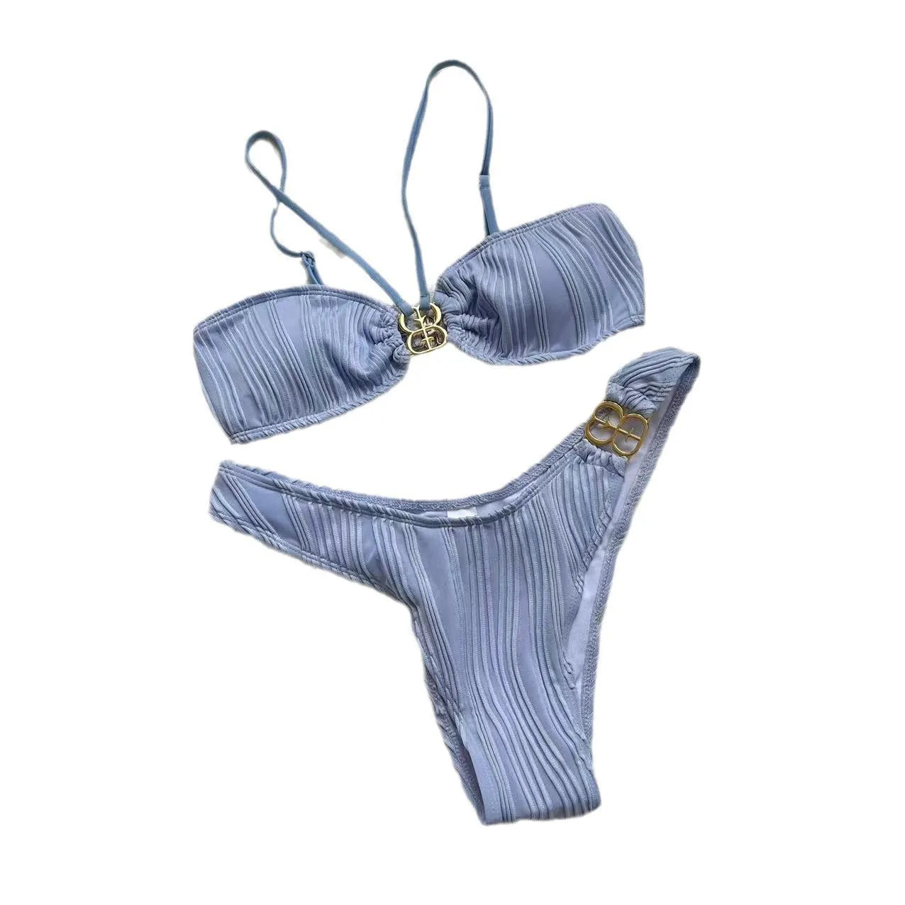 Women's solid colour hanging neck bikini set in blue on a mannequin