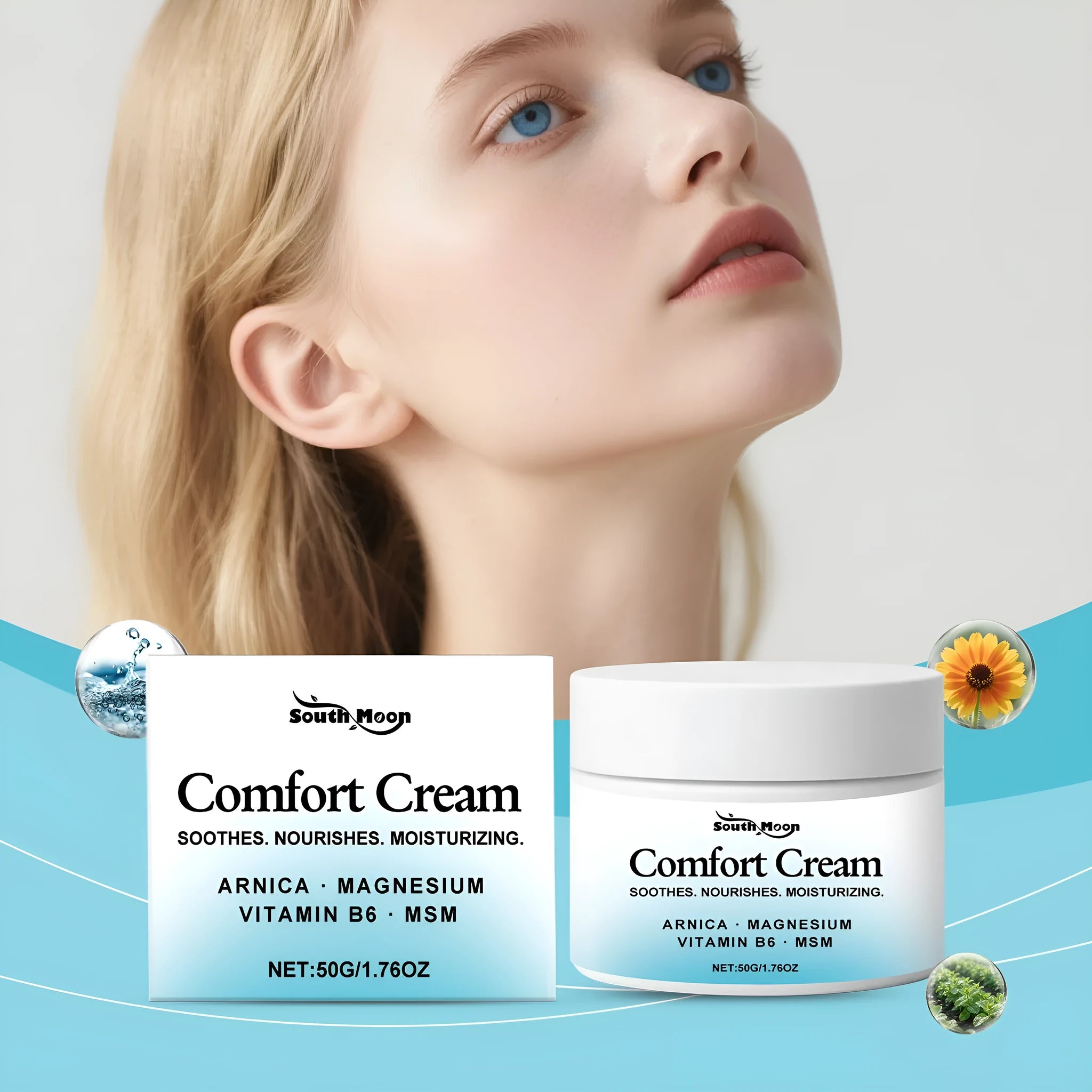 50g jar of gentle moisturising cream with Shanjinchehua extract and menthol for body skincare