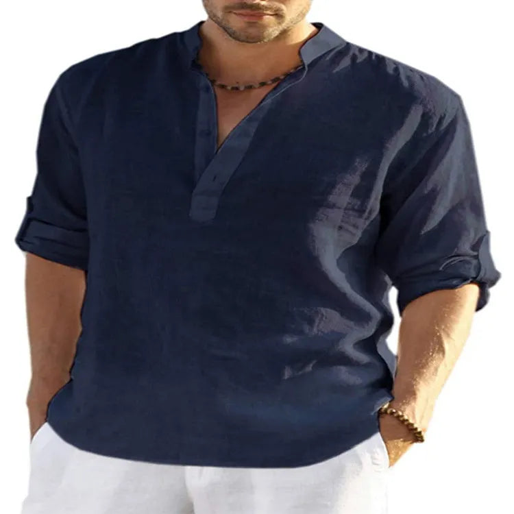Men's solid colour long sleeve shirt with a stand collar, shown in a light blue shade