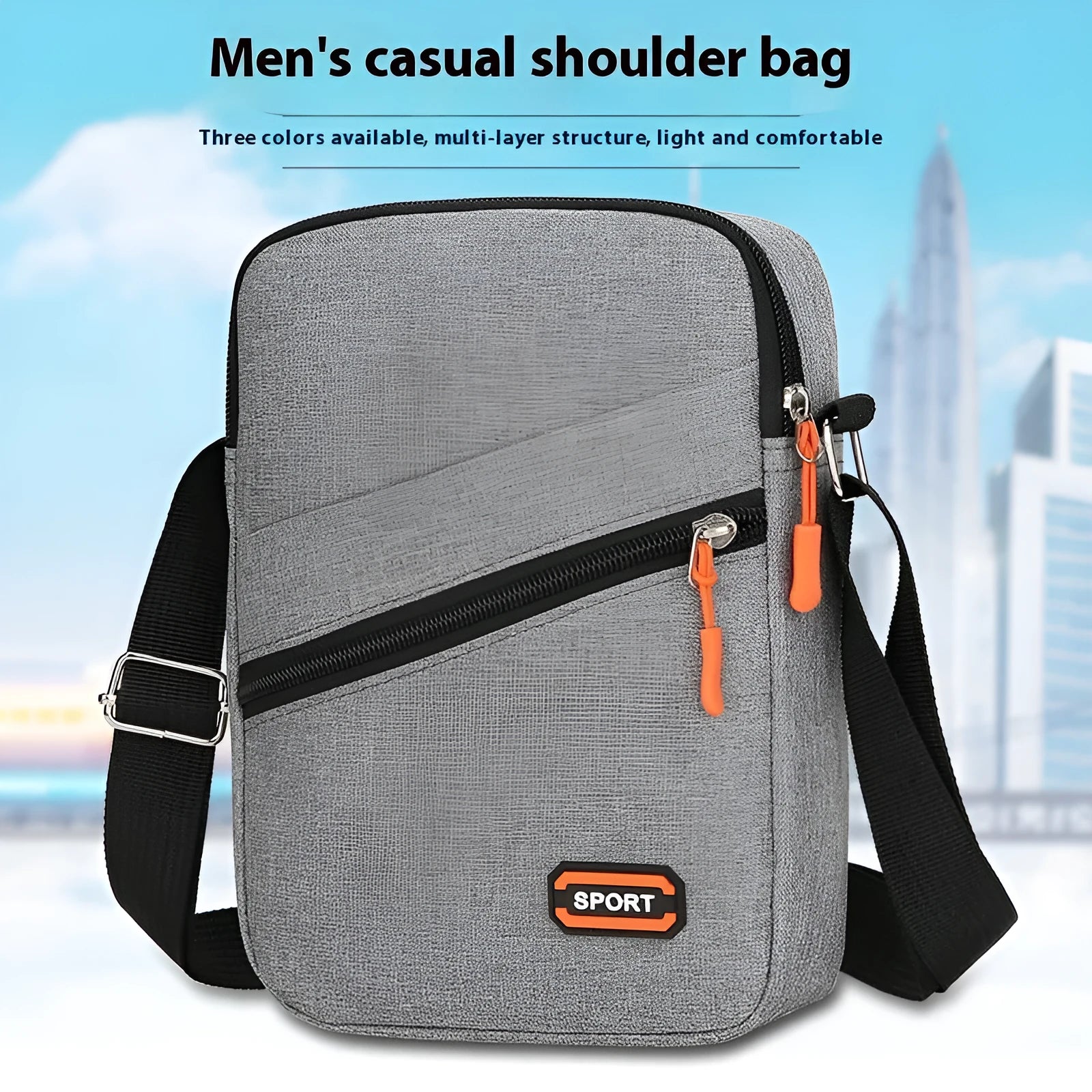 Simple solid-colour Oxford cloth crossbody commuter bag in silver grey, black, or navy blue.