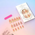 Set of pink cartoon flower fake nails with wearable armour, jelly glue, and file on a white background.