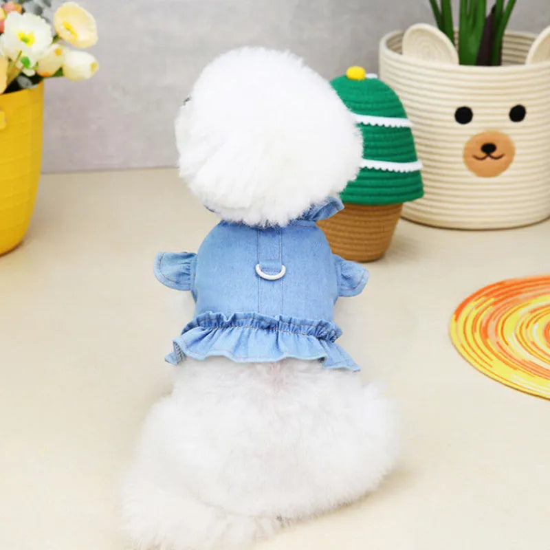 Blue denim pet dress with ruffle trim and leash hook attachments on chest and back