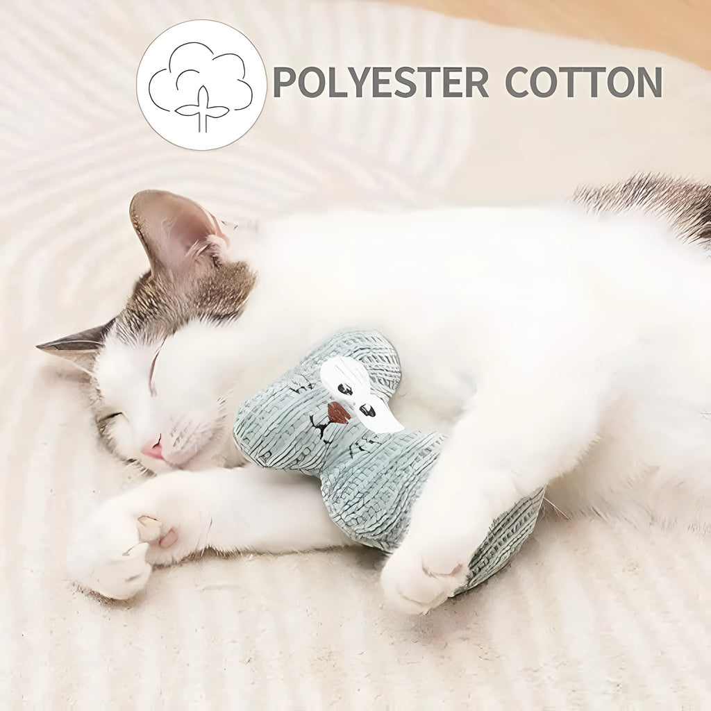 Cyan knitted plush cat toy with rope ends, measuring 12cm, containing a bell and organic catnip.