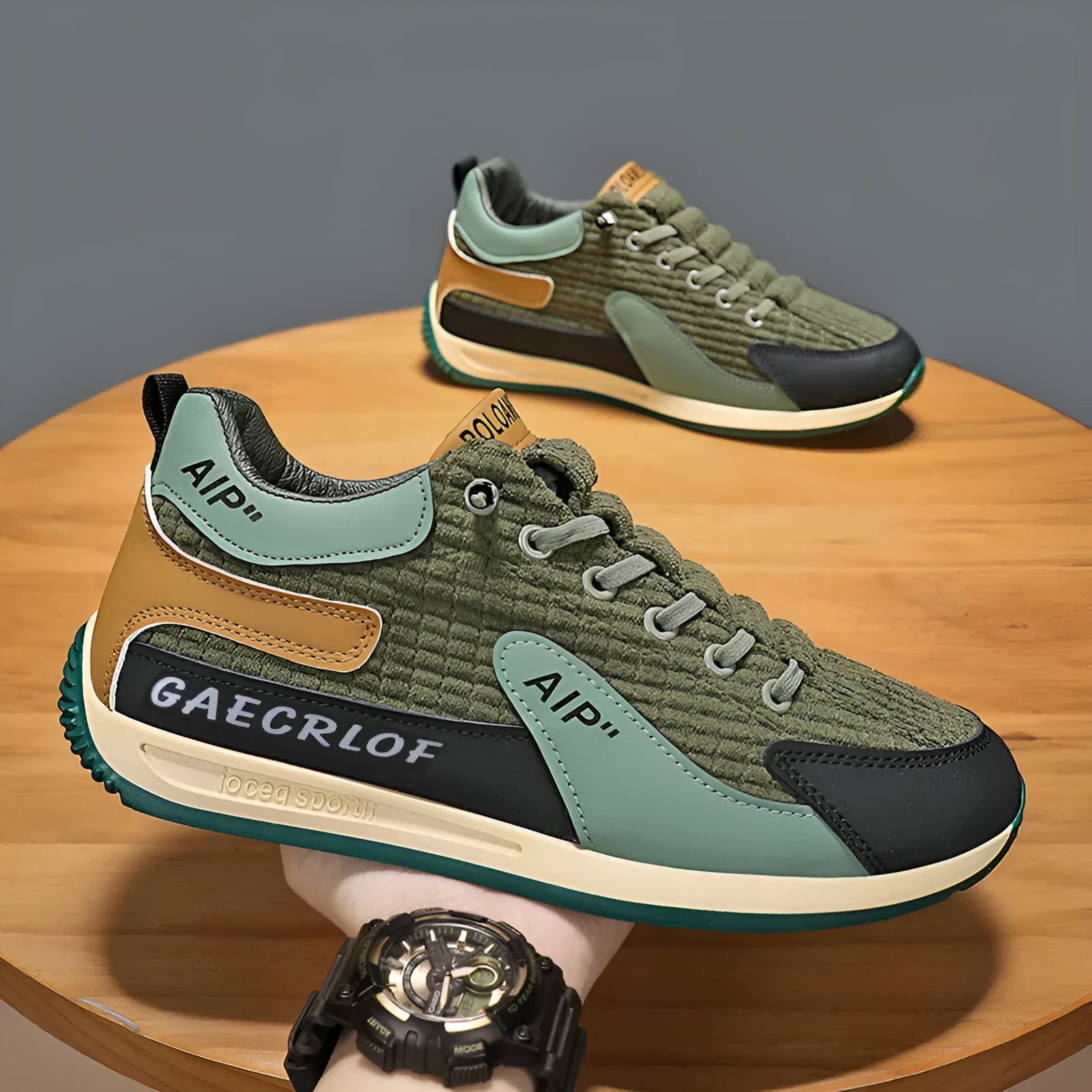 Men's low-top green mesh running shoes with white laces on a grey sole