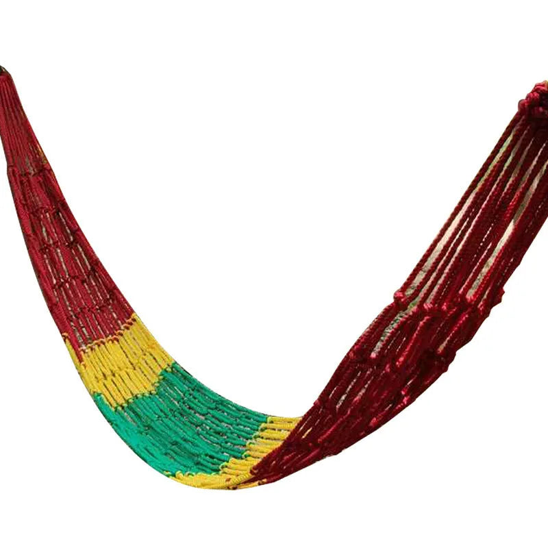 Outdoor nylon rope mesh hammock showing bold weave style, displayed with included tying ropes.